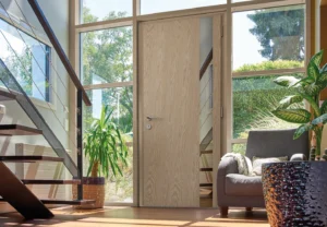 Une porte aluminium et bois vitrée